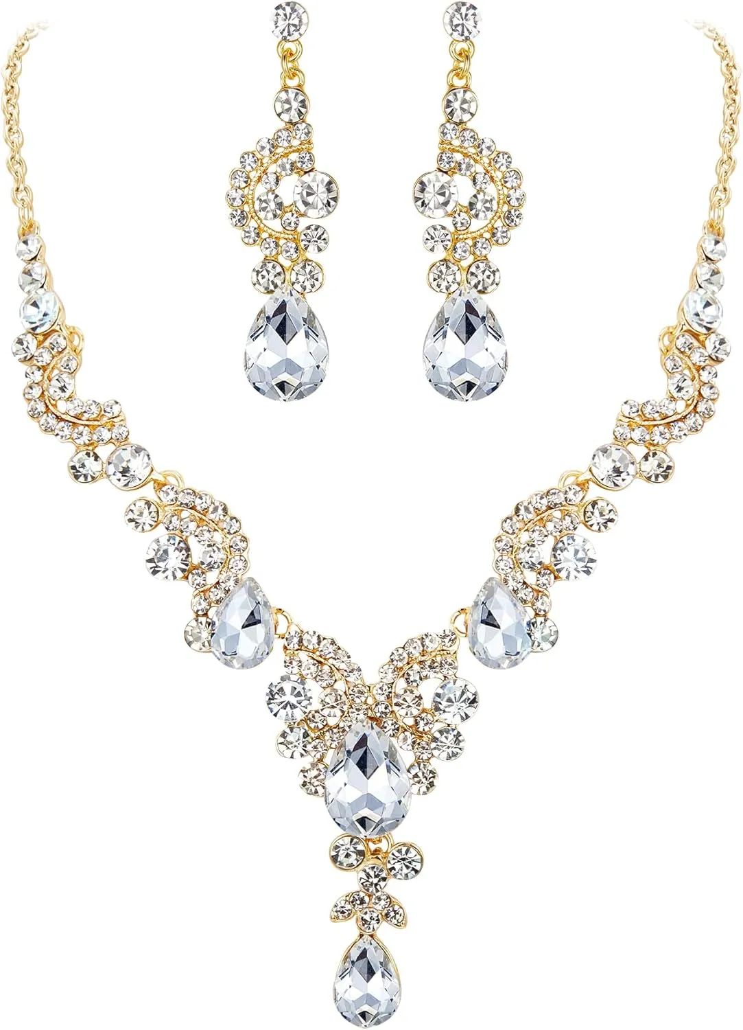 EVER FAITH Rhinestone Crystal Bridal Floral Wave Teardrop Necklace Earrings Set