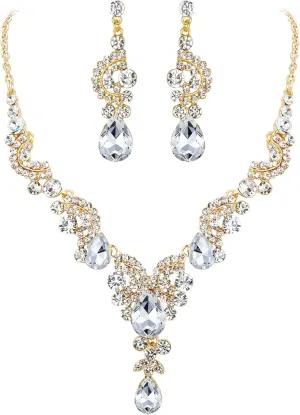 EVER FAITH Rhinestone Crystal Bridal Floral Wave Teardrop Necklace Earrings Set