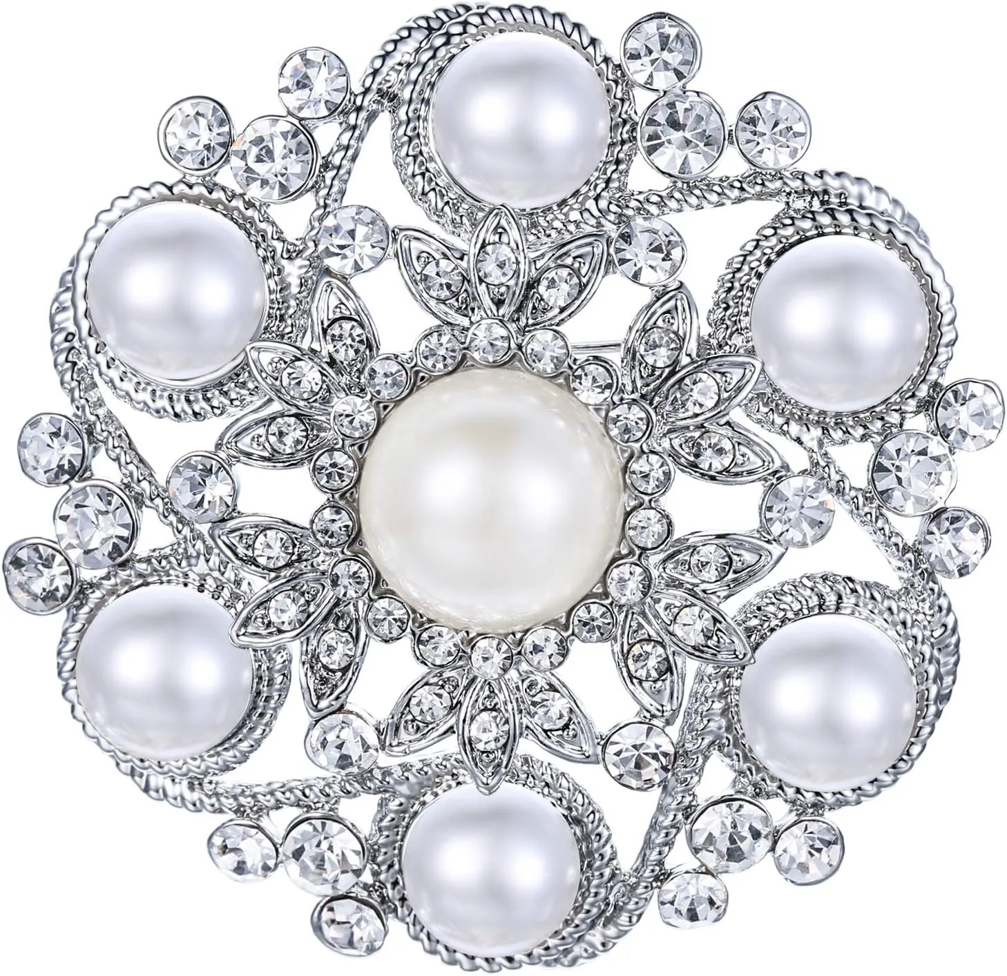 EVER FAITH Wedding Corsage Clear Rhinestone Crystal Simulated Pearl Leaf Flower Bridal Brooch