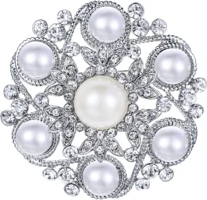 EVER FAITH Wedding Corsage Clear Rhinestone Crystal Simulated Pearl Leaf Flower Bridal Brooch