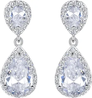 EVER FAITH Wedding Teardrop Earrings Clear Full Cubic Zirconia Silver-Tone Clip-on