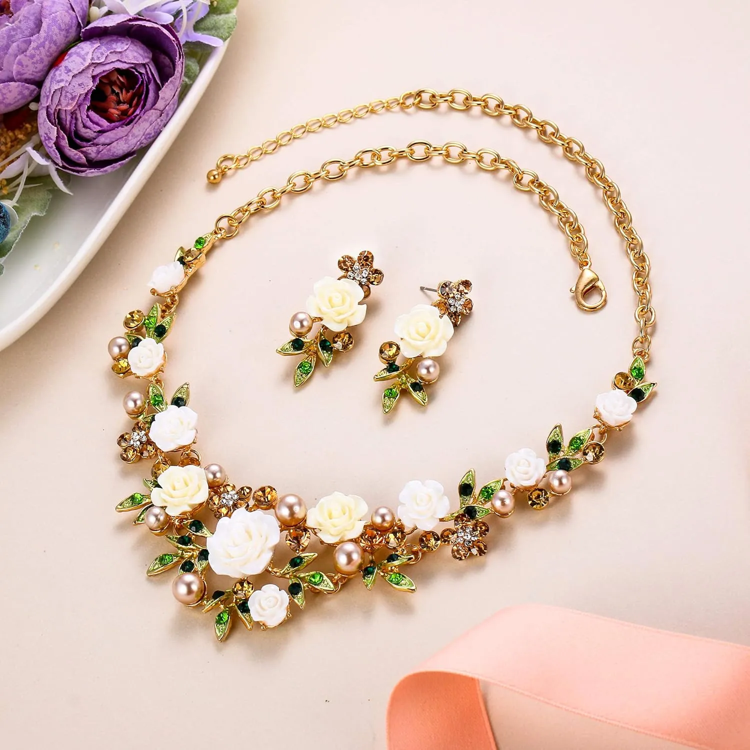 EVER FAITH Women's Austrian Crystal Simulated Pearl Rose Flower Leaf Necklace Pierced Earrings Set