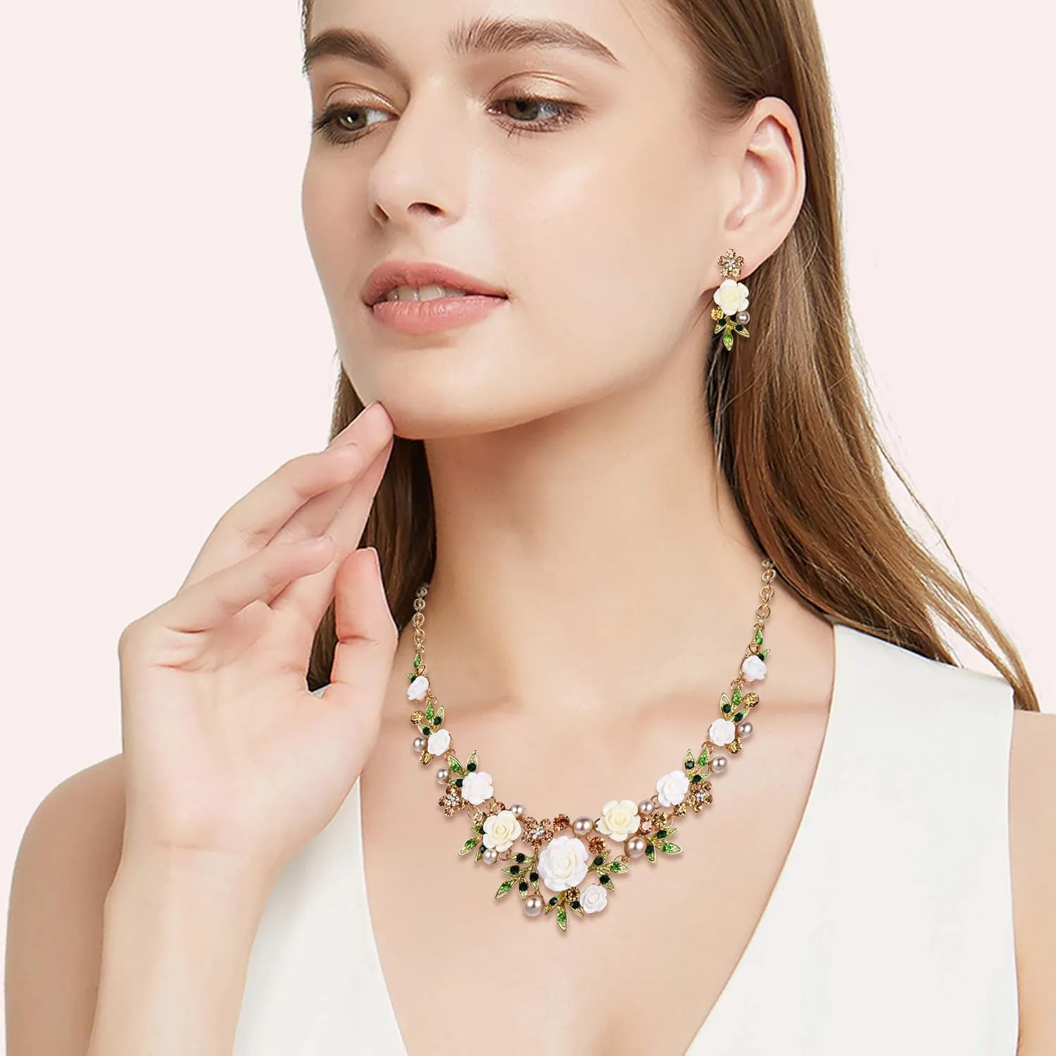 EVER FAITH Women's Austrian Crystal Simulated Pearl Rose Flower Leaf Necklace Pierced Earrings Set