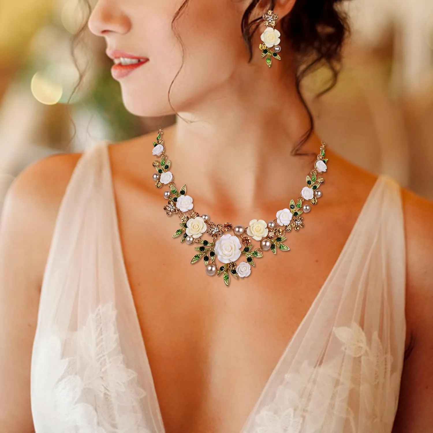 EVER FAITH Women's Austrian Crystal Simulated Pearl Rose Flower Leaf Necklace Pierced Earrings Set