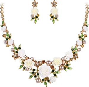 EVER FAITH Women's Austrian Crystal Simulated Pearl Rose Flower Leaf Necklace Pierced Earrings Set