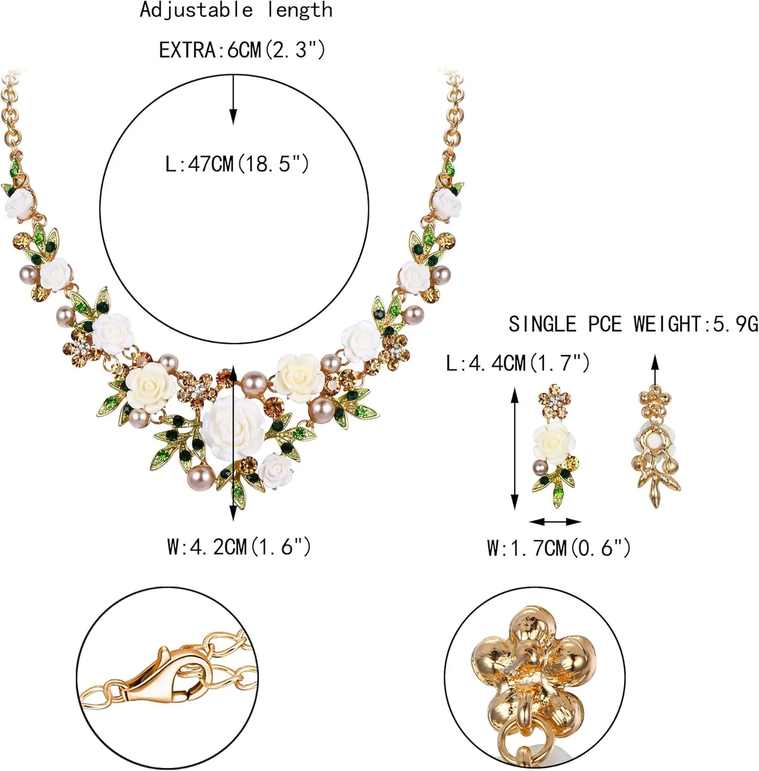 EVER FAITH Women's Austrian Crystal Simulated Pearl Rose Flower Leaf Necklace Pierced Earrings Set
