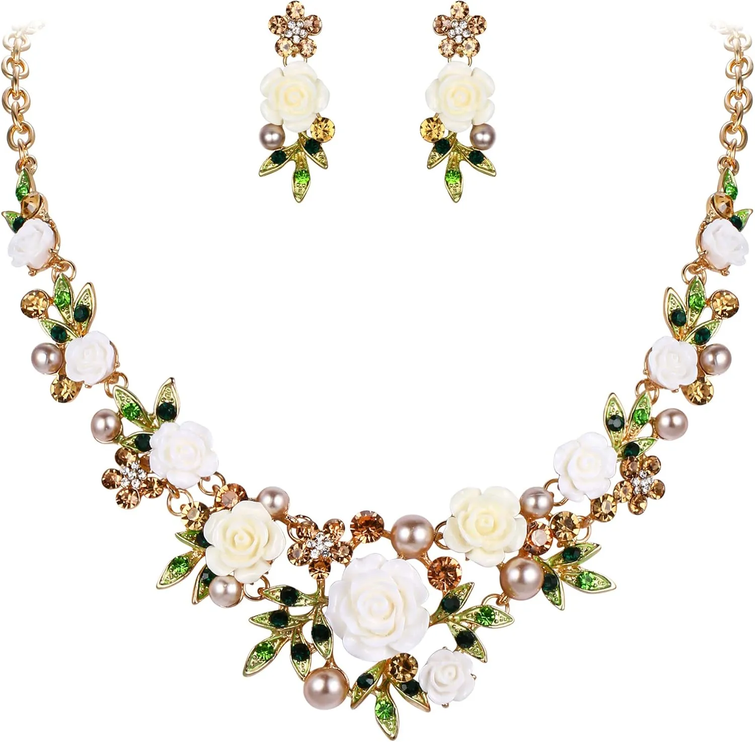 EVER FAITH Women's Austrian Crystal Simulated Pearl Rose Flower Leaf Necklace Pierced Earrings Set