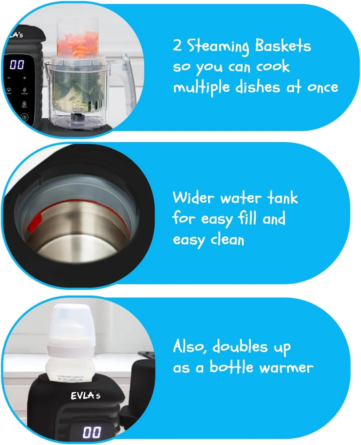 EVLA'S Double Baby Food Maker with 2 Steaming Baskets, Steamer, Blender, Grinder, Food Processor, Cook & Blends Healthy Baby Food in Minutes, Touch Screen, with 6 food pouches, Dark Grey