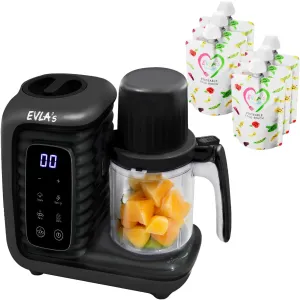 EVLA'S Double Baby Food Maker with 2 Steaming Baskets, Steamer, Blender, Grinder, Food Processor, Cook & Blends Healthy Baby Food in Minutes, Touch Screen, with 6 food pouches, Dark Grey