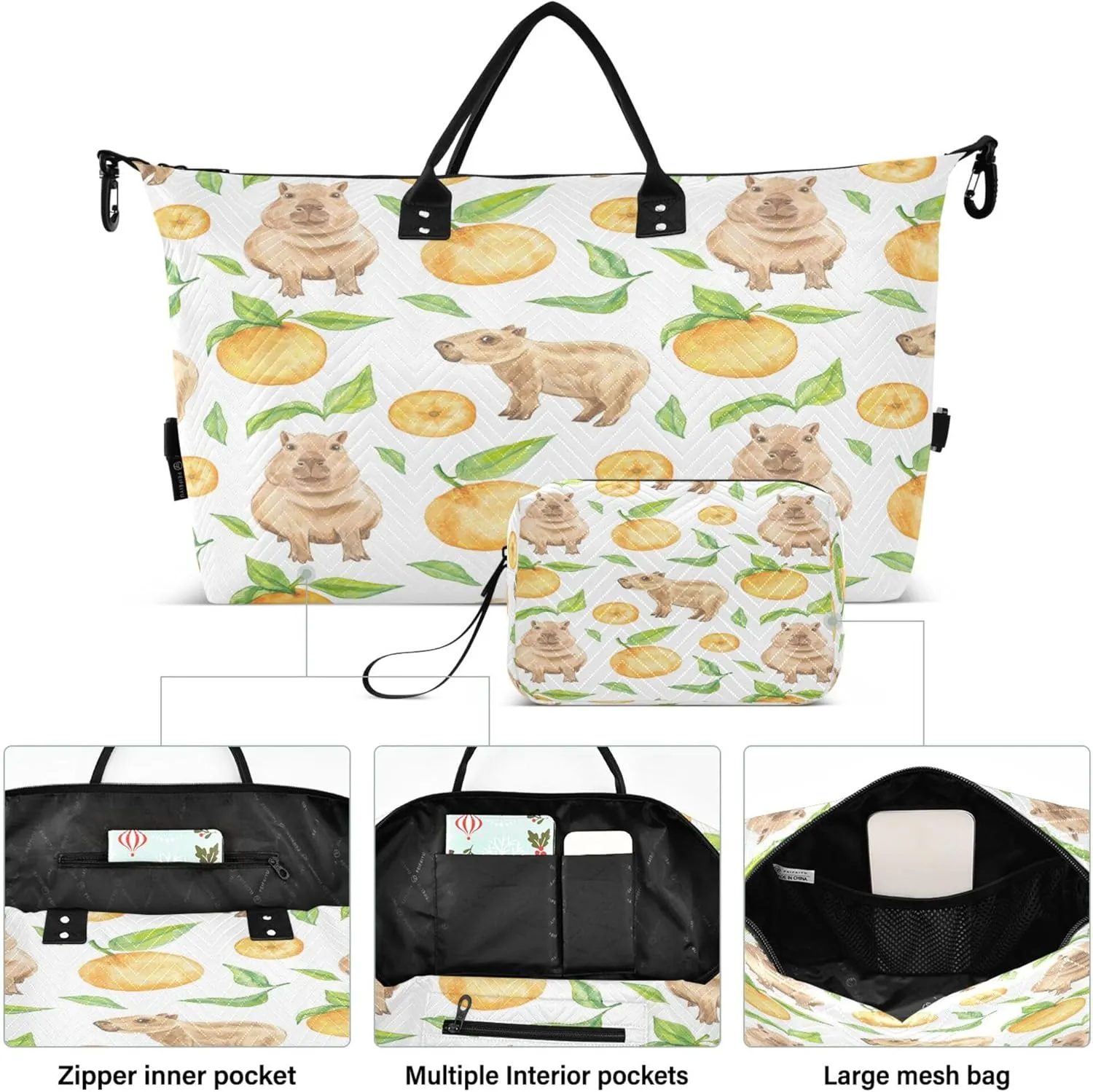 Exnundod Women Weekender Bags Capybara Fruits Watercolor Travel Duffel Bags Carry On Overnight Bag Large Hospital Tote Luggage