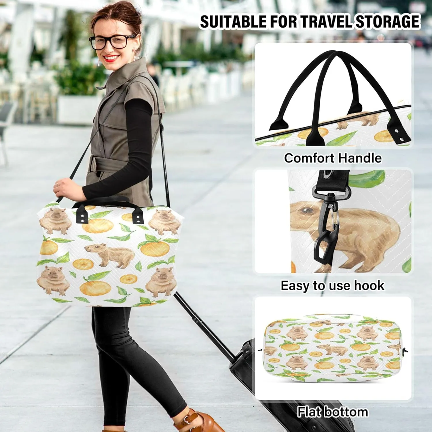 Exnundod Women Weekender Bags Capybara Fruits Watercolor Travel Duffel Bags Carry On Overnight Bag Large Hospital Tote Luggage