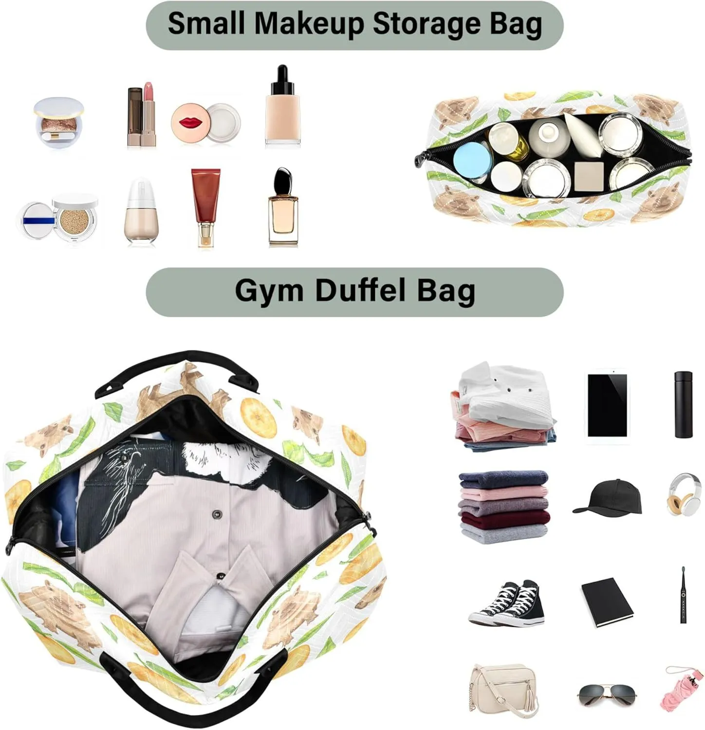 Exnundod Women Weekender Bags Capybara Fruits Watercolor Travel Duffel Bags Carry On Overnight Bag Large Hospital Tote Luggage