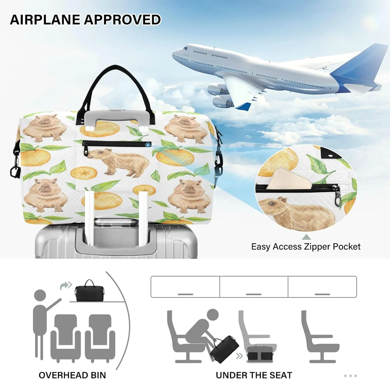 Exnundod Women Weekender Bags Capybara Fruits Watercolor Travel Duffel Bags Carry On Overnight Bag Large Hospital Tote Luggage