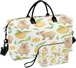 Exnundod Women Weekender Bags Capybara Fruits Watercolor Travel Duffel Bags Carry On Overnight Bag Large Hospital Tote Luggage