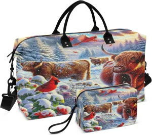Exnundod Women Weekender Bags Highland Cow Bird Cardinal Travel Duffel Bags Carry On Overnight Bag Winter Landscape Large Hospital Tote Luggage