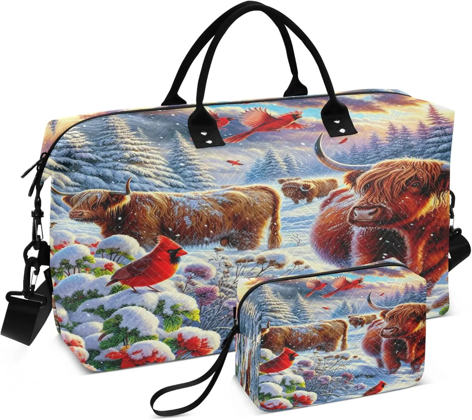 Exnundod Women Weekender Bags Highland Cow Bird Cardinal Travel Duffel Bags Carry On Overnight Bag Winter Landscape Large Hospital Tote Luggage