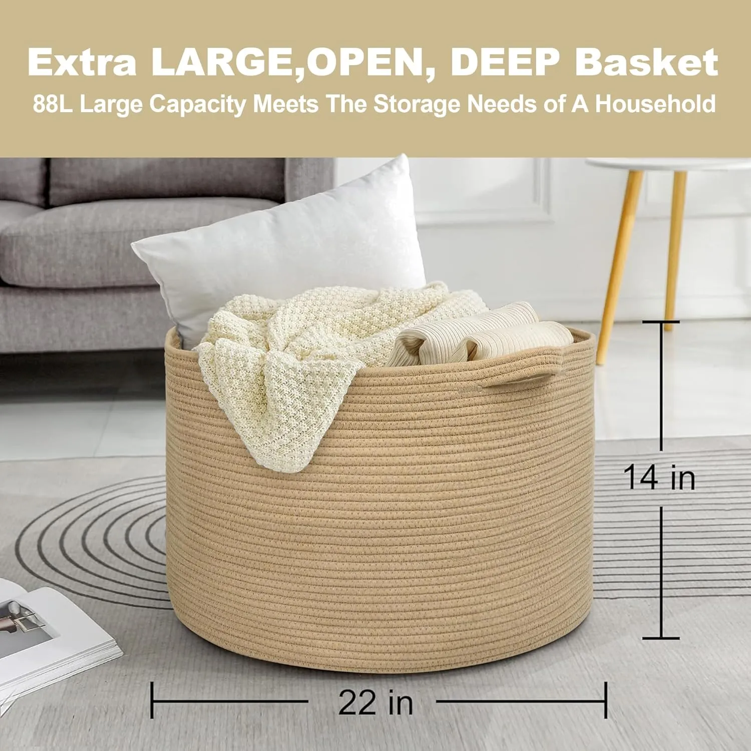 Extra Large Storage Basket, 22" X 22" X 14" Stuffed Animal Basket for Living Room Kids Room, Soft Cotton Rope Bin With Handle, Throw Blanket Storage, Stuffed Animal Toy Organizer Box