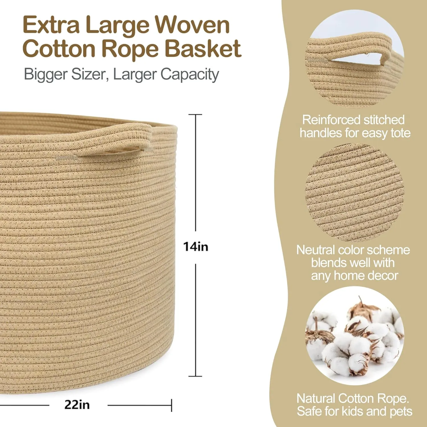 Extra Large Storage Basket, 22" X 22" X 14" Stuffed Animal Basket for Living Room Kids Room, Soft Cotton Rope Bin With Handle, Throw Blanket Storage, Stuffed Animal Toy Organizer Box