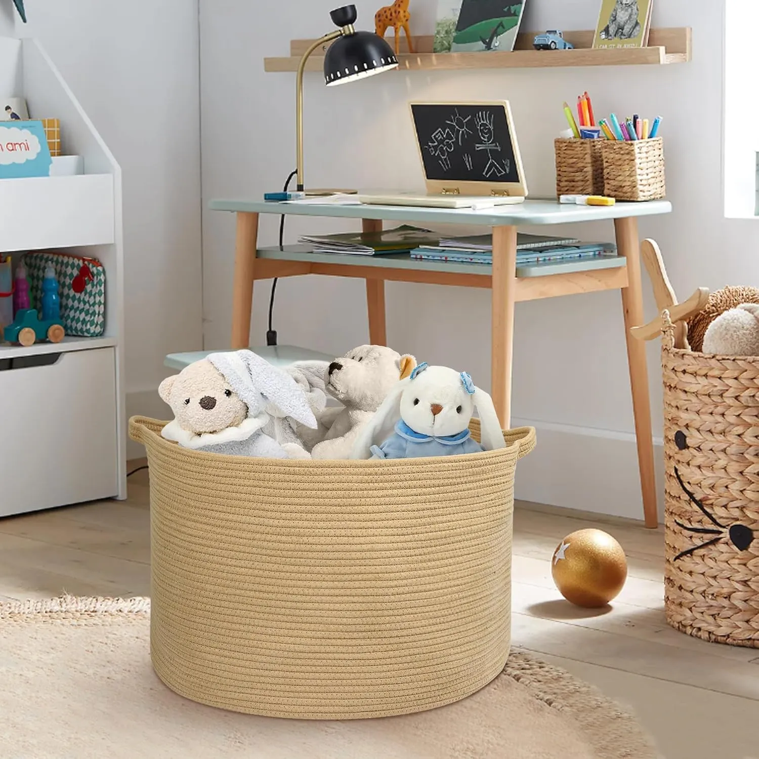 Extra Large Storage Basket, 22" X 22" X 14" Stuffed Animal Basket for Living Room Kids Room, Soft Cotton Rope Bin With Handle, Throw Blanket Storage, Stuffed Animal Toy Organizer Box