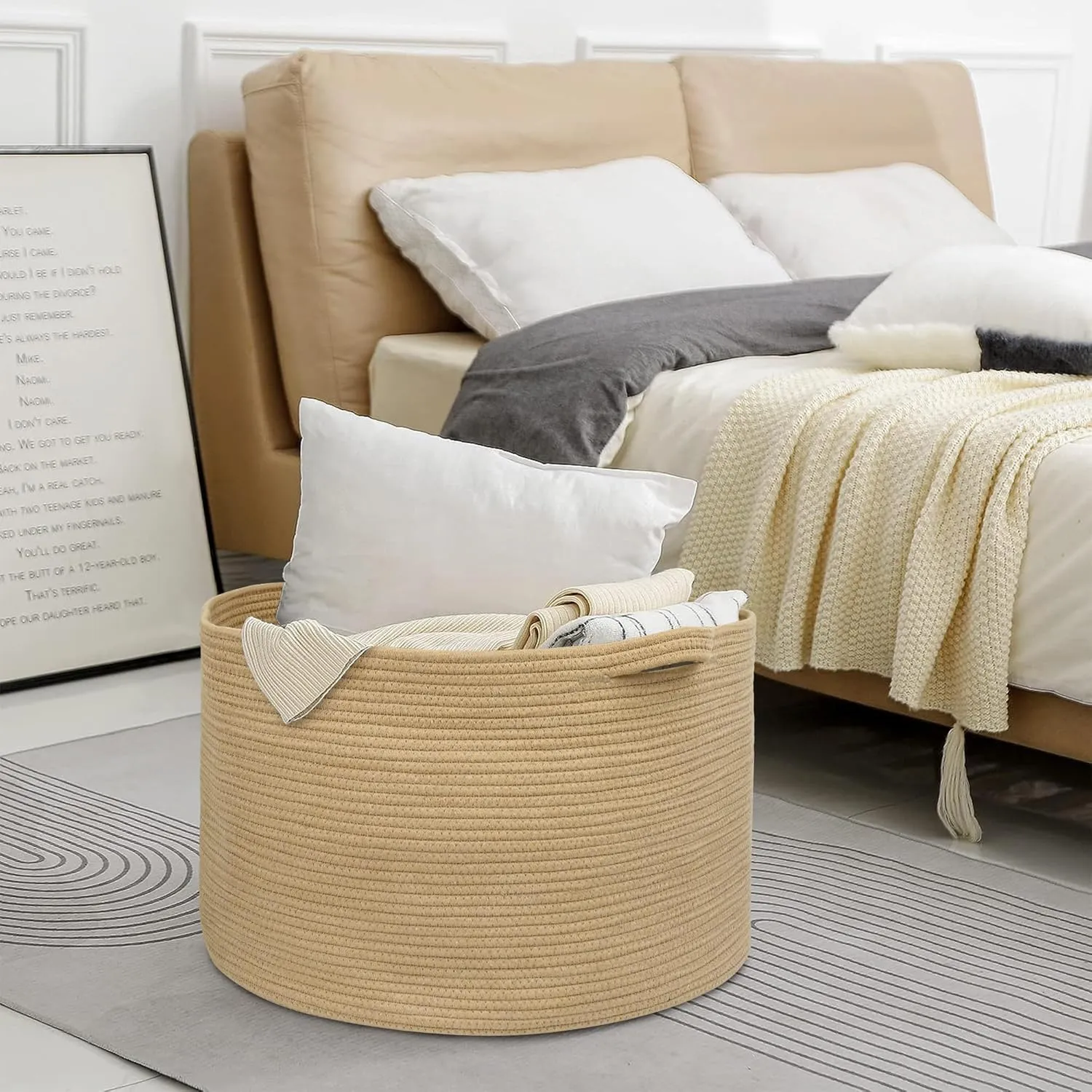 Extra Large Storage Basket, 22" X 22" X 14" Stuffed Animal Basket for Living Room Kids Room, Soft Cotton Rope Bin With Handle, Throw Blanket Storage, Stuffed Animal Toy Organizer Box