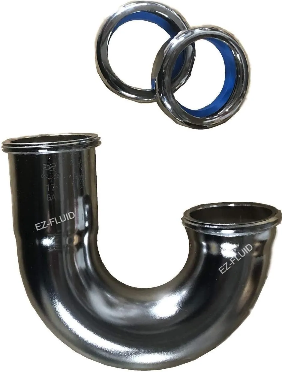 EZ-Fluid 1-1/2" Heavy Duty 17 Gauge Low Profile Sink Trap J Bend Thick Brass Tubular w/Brass Nuts, Low Inlet J Shape for Sink Drain P-Trap Kit Chrome