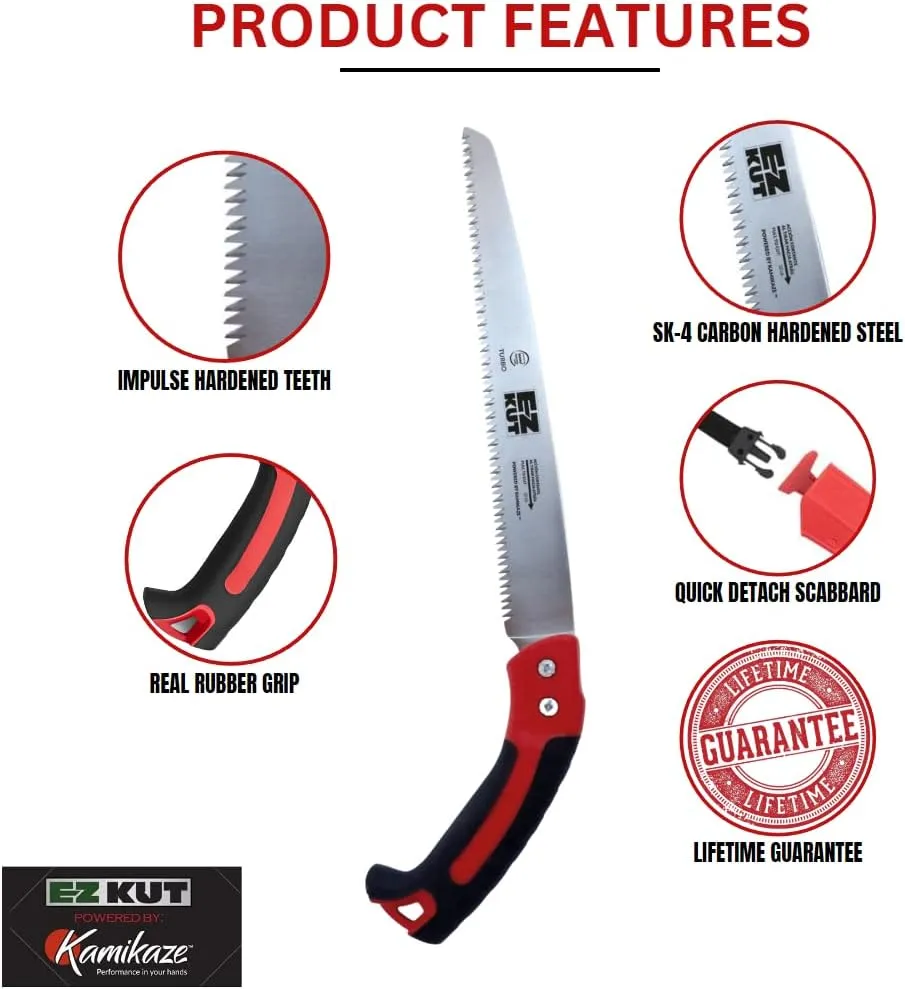 EZ Kut Kamikaze Straight Blade Pruning Saw – 18" Heavy Duty SK5 Carbon Steel – Japanese Pull-Cut Technology – Ergonomic Anti-Fatigue Grip – Tree Trimming Hand Saw with Scabbard