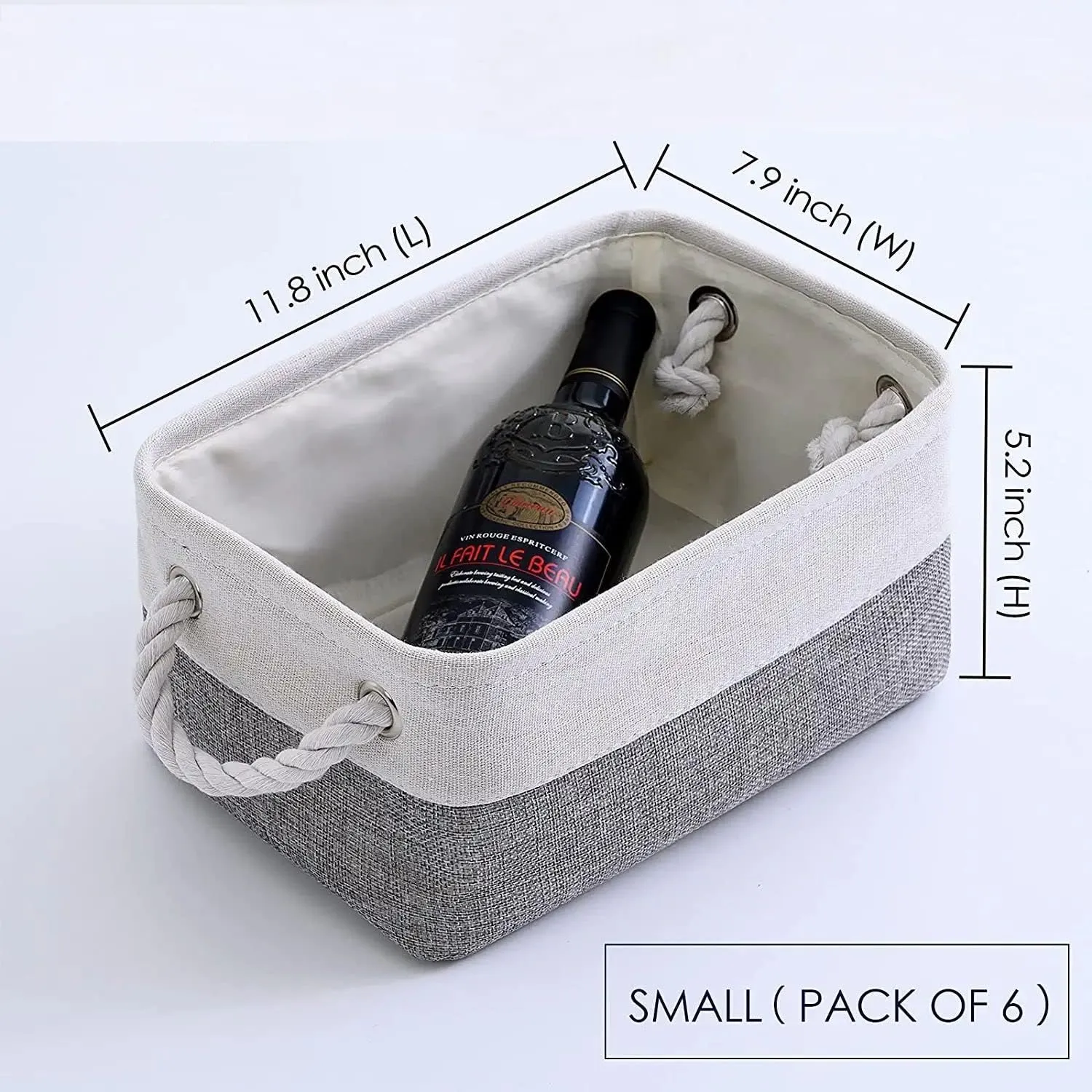 Fabric Storage Bins 12x8x5 inch [6-Pack] with Rope Handles - Decorative Baskets for Organizing