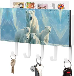 Family Polar-Bear Novelty Key Holder Funny Keys Hook Mail Organizer Hanging Rack Decor with 5 Hooks for Wall
