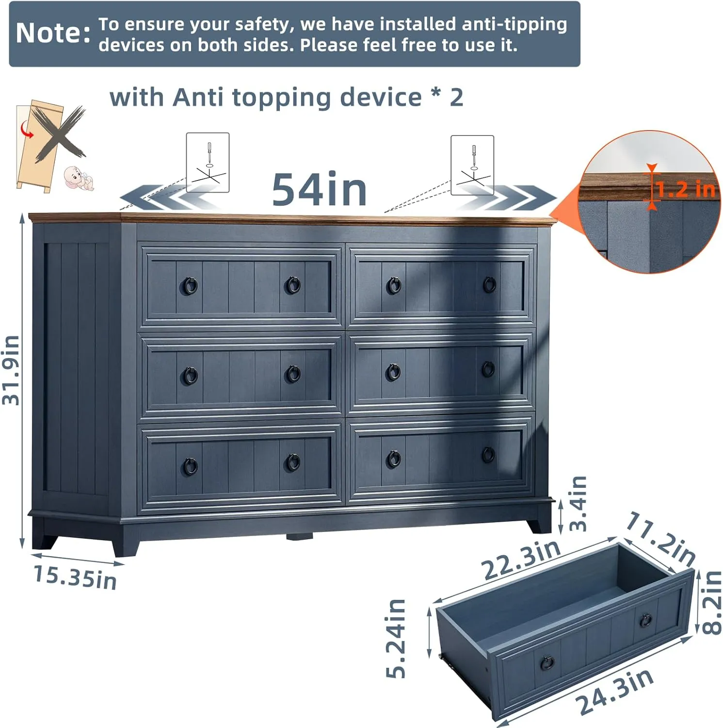 Farmhouse Dresser and Nightstand Sets 3 Piece, Furniture Set 18" Night Stand with Charging Station and 6 Drawers Dressers for Bedroom, 54" Dresser and Nightstand Set for Bedroom, Living Room