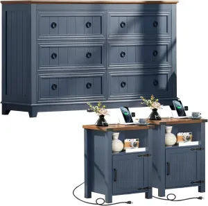 Farmhouse Dresser and Nightstand Sets 3 Piece, Furniture Set 18" Night Stand with Charging Station and 6 Drawers Dressers for Bedroom, 54" Dresser and Nightstand Set for Bedroom, Living Room