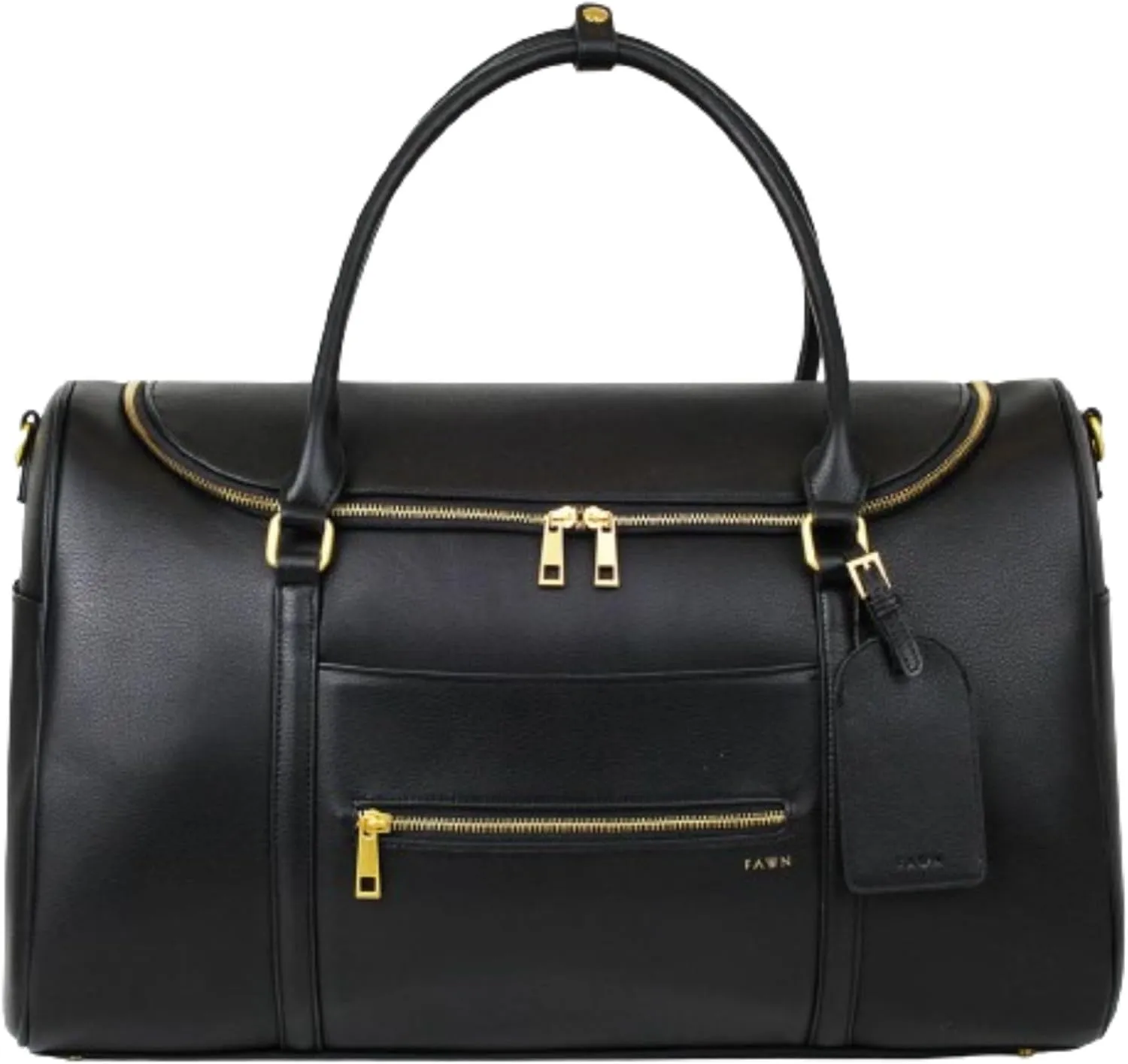 FAWN DESIGN The Weekender Bag, Carry on Bags for Airplanes, Overnight Bag for Women, Premium Matte Faux Leather Duffle Bag with Luggage Tag and Contact Card, 20x10x12 inches, 39 Liters, Black
