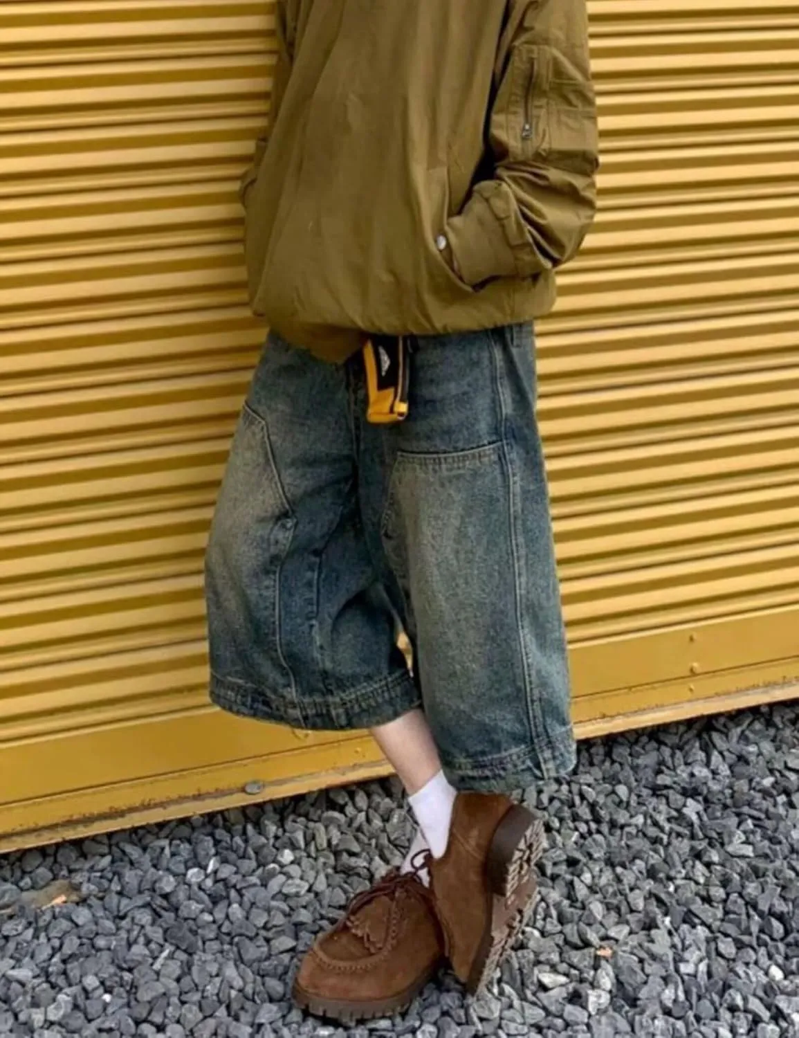 FCOOLYEET Men's Denim Shorts Y2k Blue Baggy Jean Short Long Jorts Denim Cargo Shorts for Men