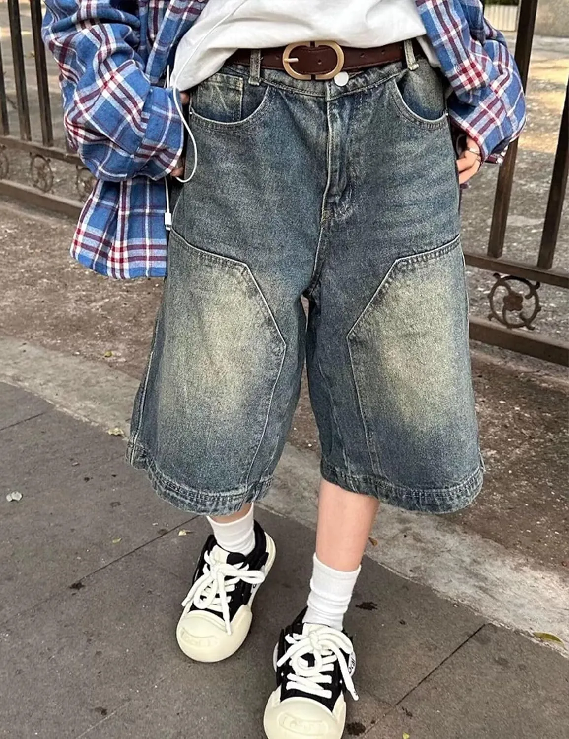 FCOOLYEET Men's Denim Shorts Y2k Blue Baggy Jean Short Long Jorts Denim Cargo Shorts for Men