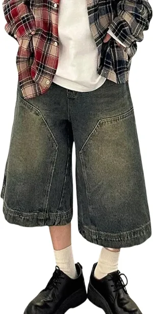 FCOOLYEET Men's Denim Shorts Y2k Blue Baggy Jean Short Long Jorts Denim Cargo Shorts for Men
