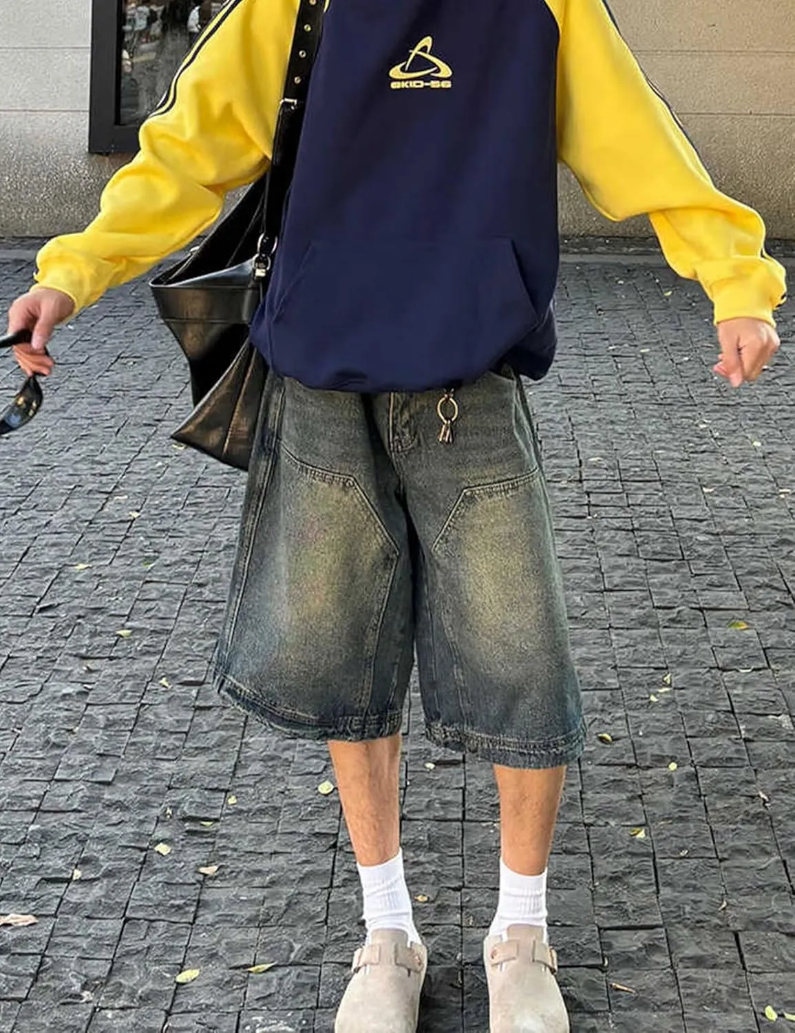 FCOOLYEET Men's Denim Shorts Y2k Blue Baggy Jean Short Long Jorts Denim Cargo Shorts for Men