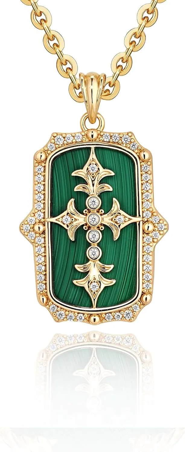 Fettero Necklaces for Women Trendy 14K Gold Plated Malachite Heart Cross Circle Pendant Chain Dainty Gold Necklaces Jewelry for Women