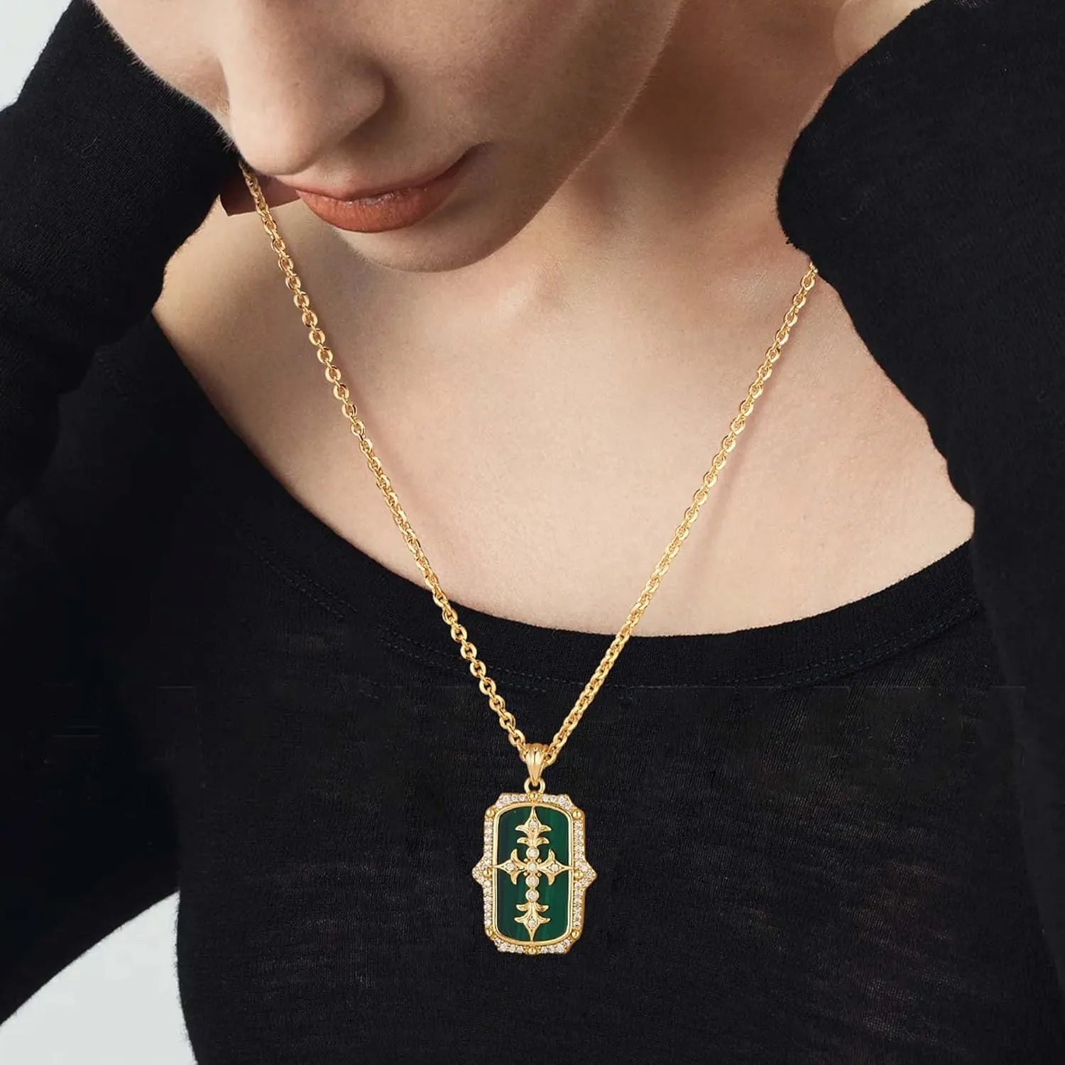 Fettero Necklaces for Women Trendy 14K Gold Plated Malachite Heart Cross Circle Pendant Chain Dainty Gold Necklaces Jewelry for Women