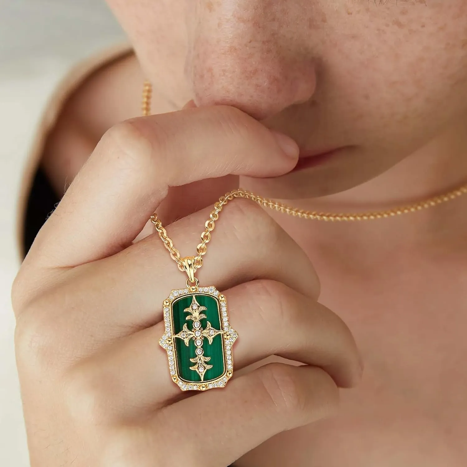 Fettero Necklaces for Women Trendy 14K Gold Plated Malachite Heart Cross Circle Pendant Chain Dainty Gold Necklaces Jewelry for Women