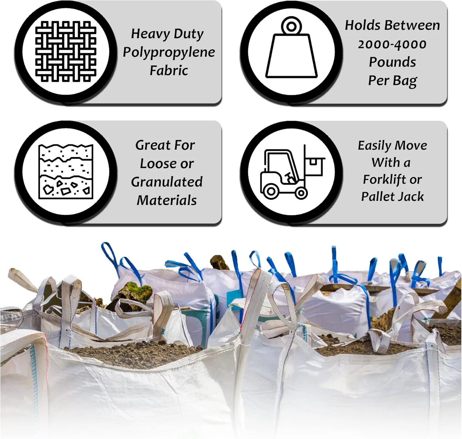 FIBC Bulk Bags - Heavy Duty Bulk Bags with Duffle Top & Flat Bottom - Woven Polypropylene Bags - Durable & Reusable Storage Bags - Water Resistant Tote Bags