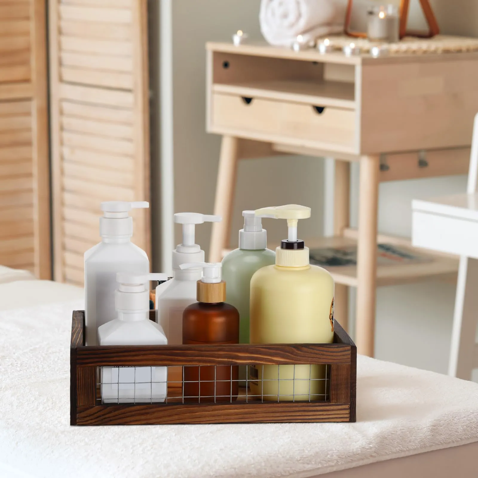 FillTouch 4 Pcs Wooden Nesting Countertop Baskets Set 4 Size Wooden Storage Box with Handles and Metal Wire Multipurpose Wood Organizer Crate for Fruit Vegetable Kitchen Cabinet Bathroom(Walnut)