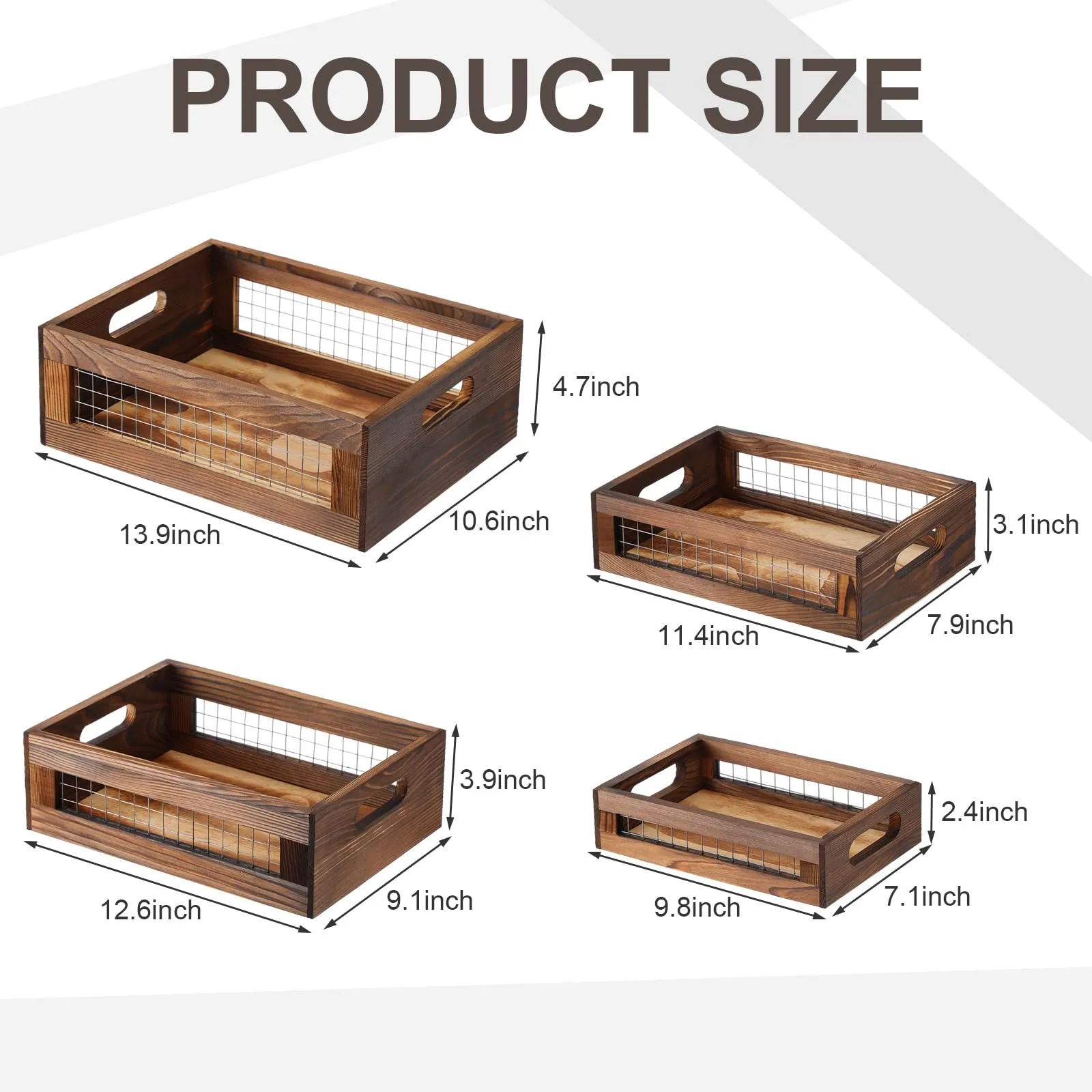 FillTouch 4 Pcs Wooden Nesting Countertop Baskets Set 4 Size Wooden Storage Box with Handles and Metal Wire Multipurpose Wood Organizer Crate for Fruit Vegetable Kitchen Cabinet Bathroom(Walnut)