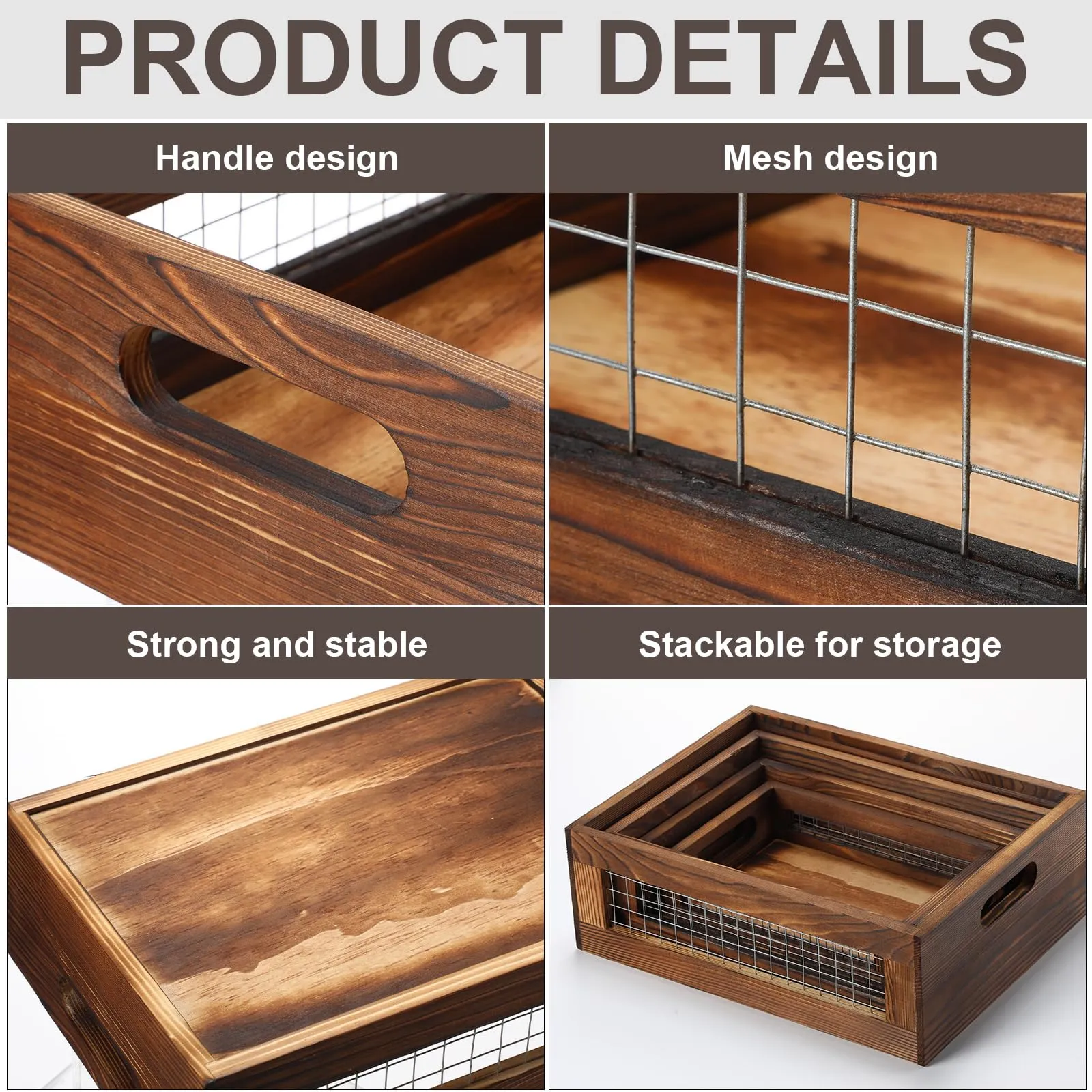FillTouch 4 Pcs Wooden Nesting Countertop Baskets Set 4 Size Wooden Storage Box with Handles and Metal Wire Multipurpose Wood Organizer Crate for Fruit Vegetable Kitchen Cabinet Bathroom(Walnut)