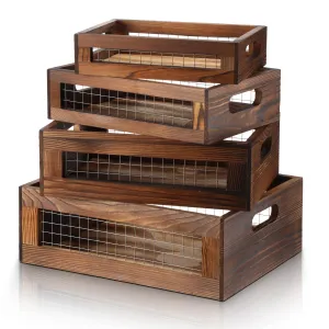 FillTouch 4 Pcs Wooden Nesting Countertop Baskets Set 4 Size Wooden Storage Box with Handles and Metal Wire Multipurpose Wood Organizer Crate for Fruit Vegetable Kitchen Cabinet Bathroom(Walnut)