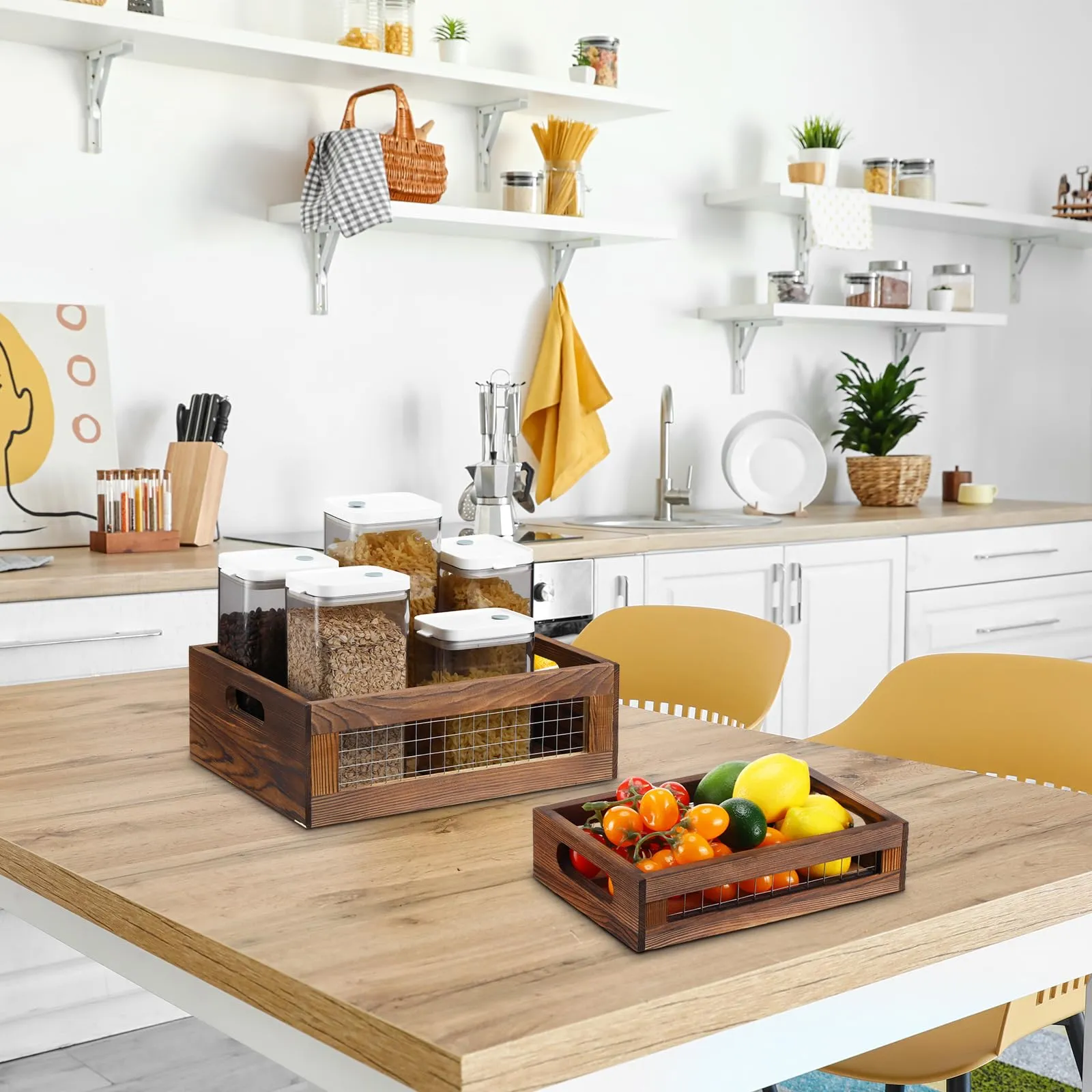 FillTouch 4 Pcs Wooden Nesting Countertop Baskets Set 4 Size Wooden Storage Box with Handles and Metal Wire Multipurpose Wood Organizer Crate for Fruit Vegetable Kitchen Cabinet Bathroom(Walnut)