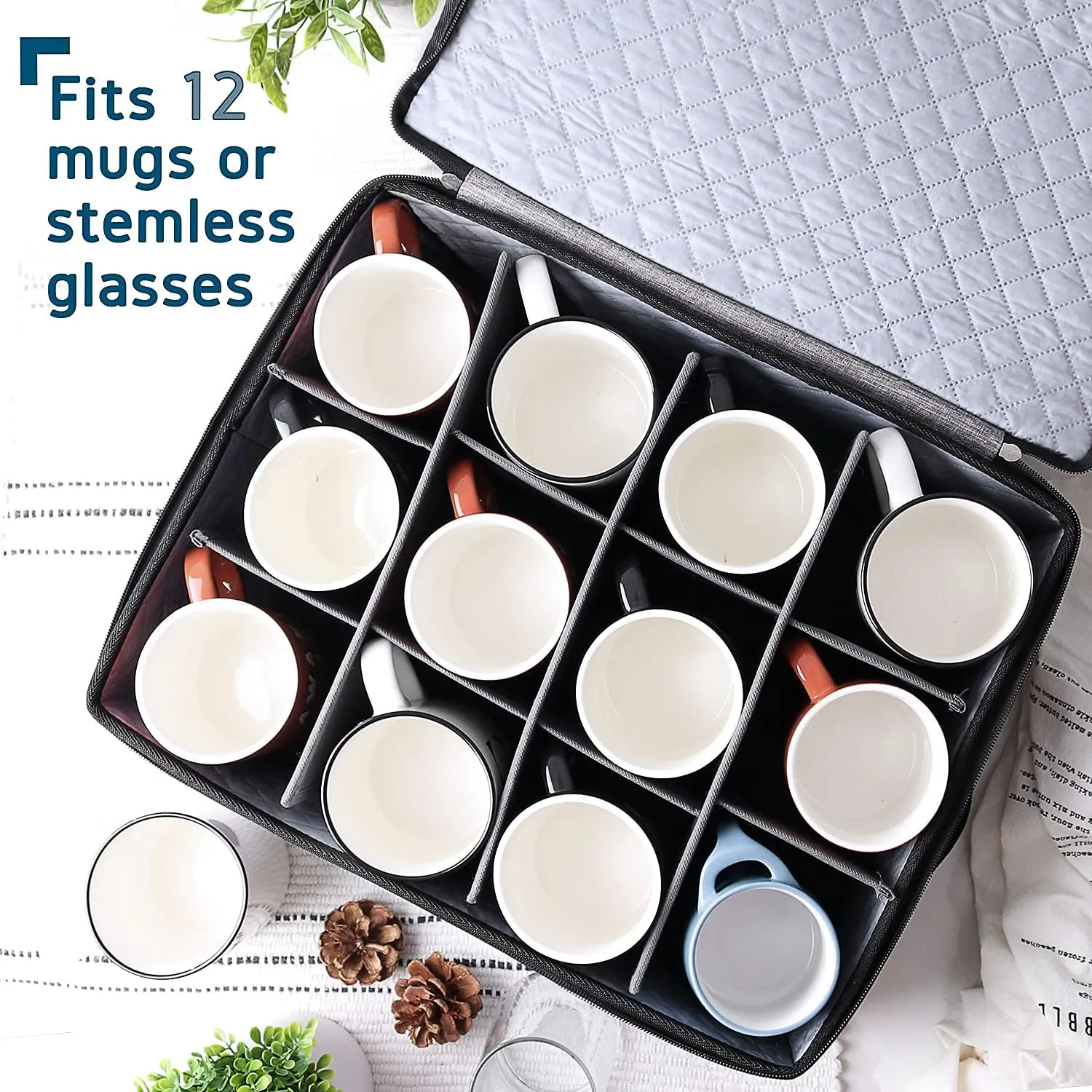 Fine China Storage Containers Hard Shell – 5 Piece Dish Storage Containers, Quilted and Stackable Mug Storage and Plate Storage Containers, Dish Organizer with Dividers for Moving and Seasonal Storage