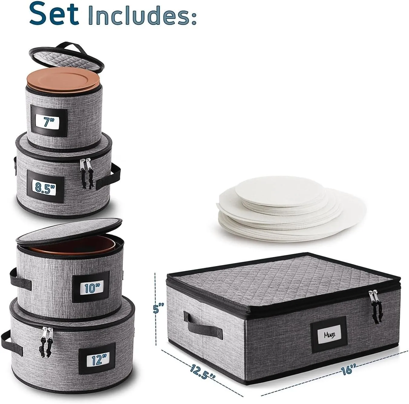 Fine China Storage Containers Hard Shell – 5 Piece Dish Storage Containers, Quilted and Stackable Mug Storage and Plate Storage Containers, Dish Organizer with Dividers for Moving and Seasonal Storage