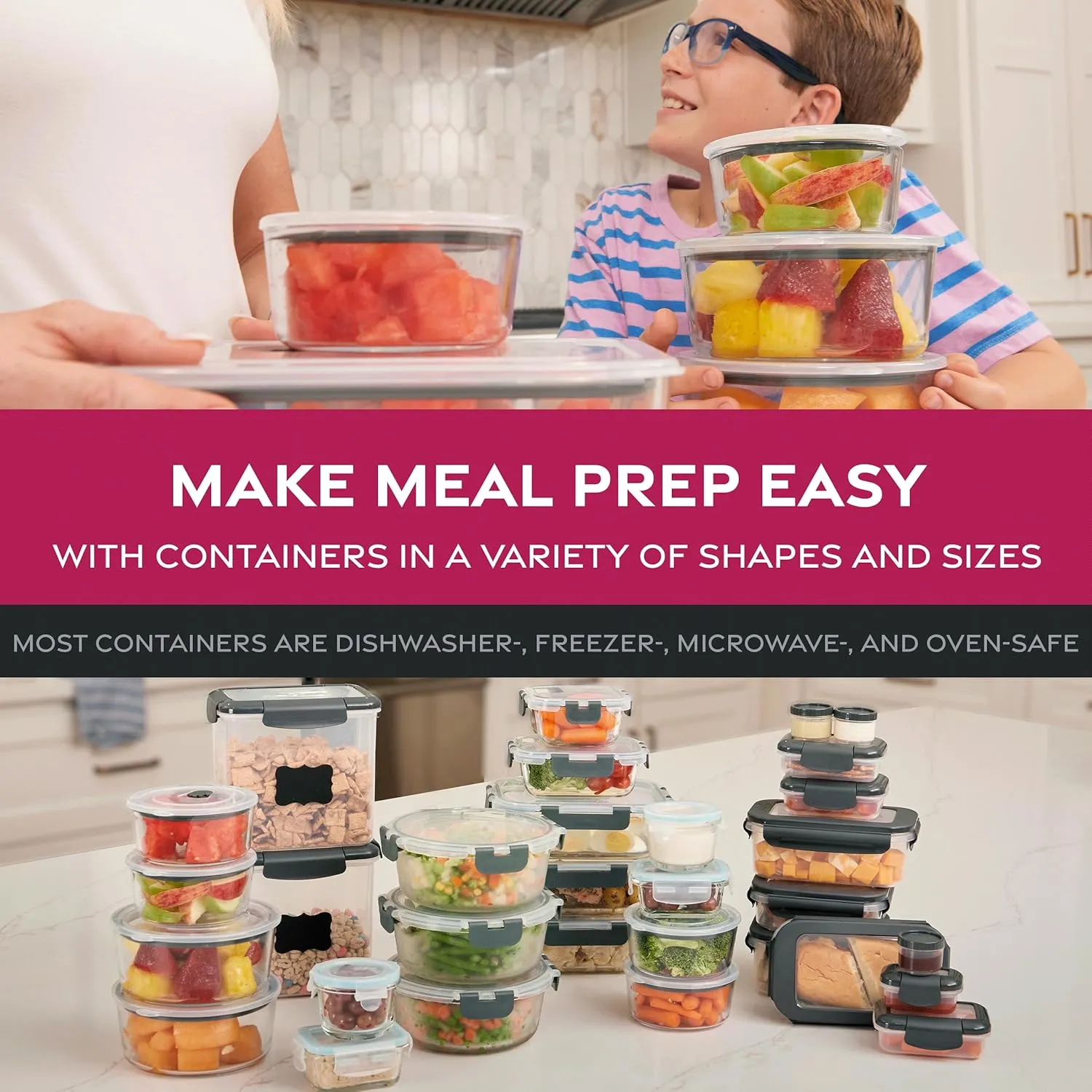 FineDine 24 Piece Glass Storage Containers with Lids - Airtight, Leak Proof, Dishwasher Safe, Glass Tupper Ware Sets with Lids, Food Storage Containers, Meal Prep Containers, Gray