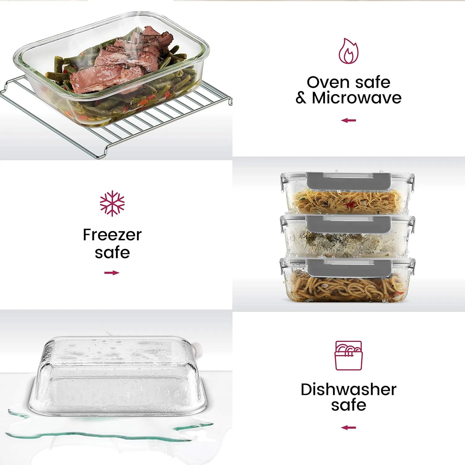 FineDine 24 Piece Glass Storage Containers with Lids - Airtight, Leak Proof, Dishwasher Safe, Glass Tupper Ware Sets with Lids, Food Storage Containers, Meal Prep Containers, Gray