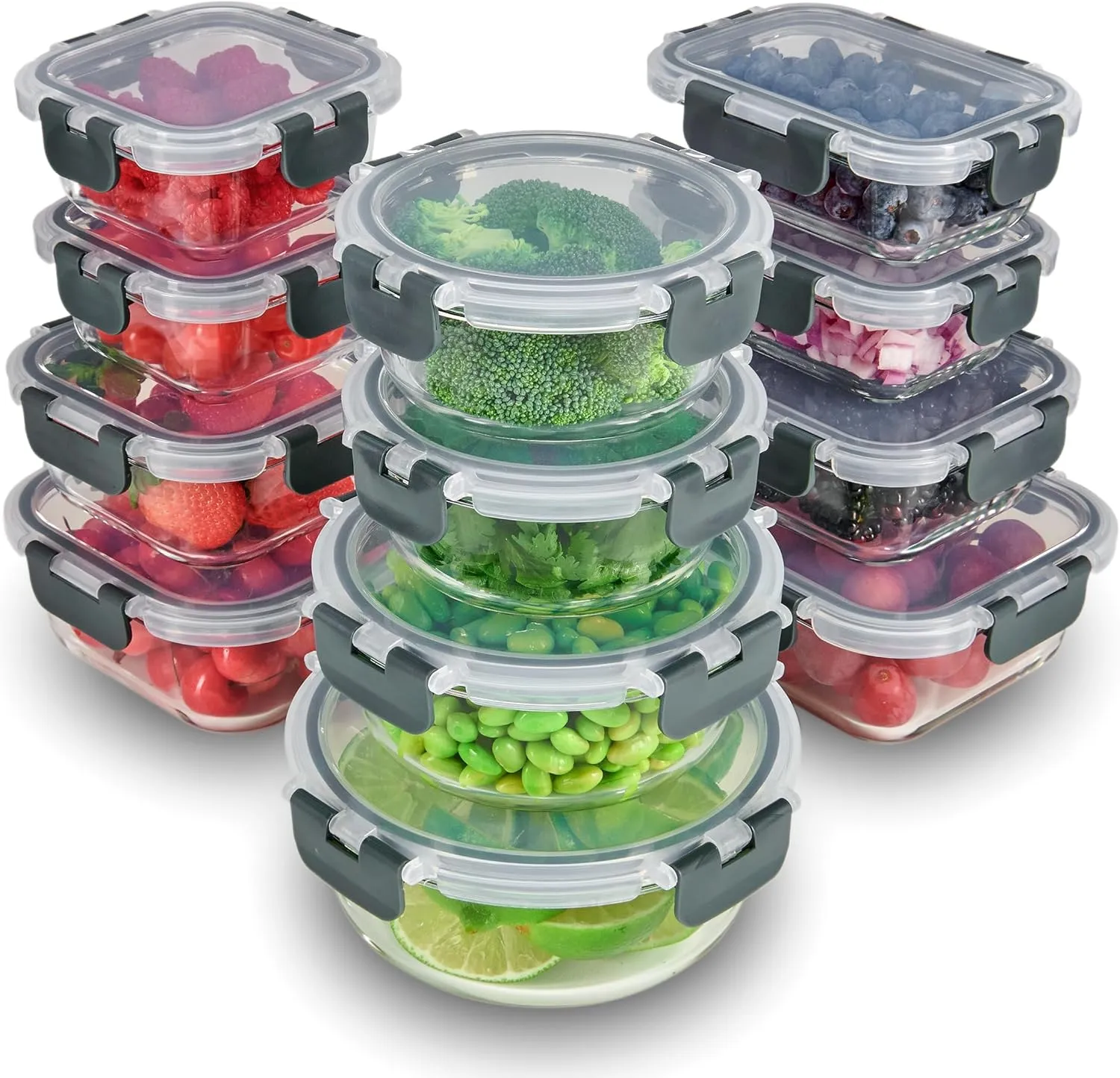 FineDine 24 Piece Glass Storage Containers with Lids - Airtight, Leak Proof, Dishwasher Safe, Glass Tupper Ware Sets with Lids, Food Storage Containers, Meal Prep Containers, Gray