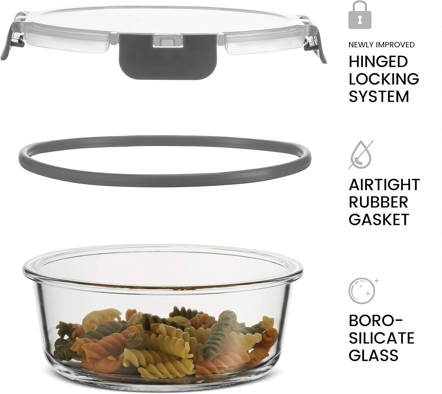 FineDine 24 Piece Glass Storage Containers with Lids - Airtight, Leak Proof, Dishwasher Safe, Glass Tupper Ware Sets with Lids, Food Storage Containers, Meal Prep Containers, Gray